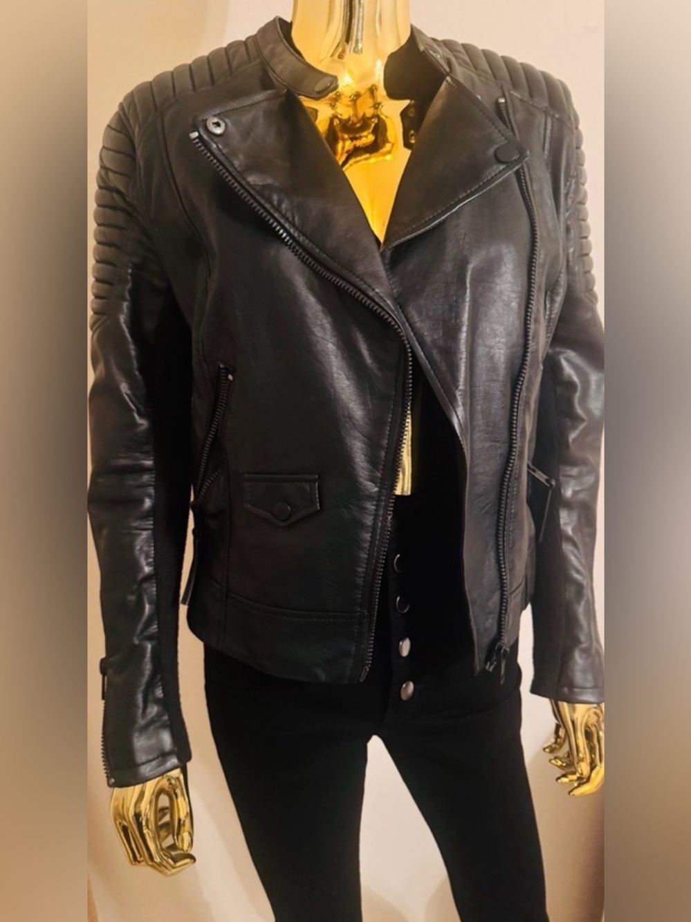 H&M Black Faux Leather Biker Jacket, Slim Fit Style, Fall Coat, Size 12